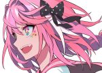  1boy :d astolfo_(fate) bangs black_bow black_ribbon blue_eyes bow braid commentary_request eyeliner facial_mark fang fate/apocrypha fate_(series) floating_hair from_side green_eyes hair_between_eyes hair_bow hair_intakes hair_ribbon highres lips long_hair looking_away makeup male_focus multicolored multicolored_eyes multicolored_hair open_mouth otoko_no_ko pink_eyes pink_hair pink_sailor_collar polka_dot polka_dot_bow portrait purple_eyes ram_(ramlabo) ribbon sailor_collar sailor_collar_lift school_uniform serafuku simple_background single_braid smile solo sticker streaked_hair white_background wind 