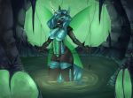  2018 anthro anthrofied breasts changeling female friendship_is_magic green_eyes green_pussy holding_object horn insect_wings inside looking_at_viewer magic mask my_little_pony navel nipples nude partially_submerged pussy queen_chrysalis_(mlp) skyhellefzone smile solo standing whip wings 