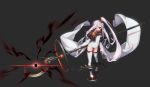  :&lt; absurdres albino broken broken_chain chain collar commentary covered_navel cuffs dekka grey_background highres long_hair looking_at_viewer original red_eyes science_fiction shackles side_ponytail staff thighhighs white_hair wide_sleeves 