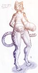  2018 anthro areola big_areola big_breasts big_nipples breasts dukebarbatos feline female huge_breasts leopard mammal nipples nude pussy simple_background snow_leopard solo standing thick_thighs tongue white_background wide_hips 
