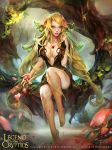  artist_name barefoot blonde_hair blue_eyes breasts center_opening cleavage copyright_name facial_mark flower forehead_mark hair_flower hair_ornament highres jewelry leaf legend_of_the_cryptids long_hair necklace official_art petals pointy_ears sitting solo tree water zinnadu 