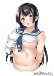  agano_(kantai_collection) anchor_symbol areola_slip areolae arm_at_side bare_shoulders black_hair blush breasts cropped_torso ebifurya gloves green_eyes highres kantai_collection large_breasts lifted_by_self lips long_hair looking_at_viewer navel necktie nipple_slip nipples no_bra open_mouth sailor_collar school_uniform serafuku shiny shiny_skin shirt_lift simple_background skindentation sleeveless solo stomach twitter_username upper_body white_gloves 