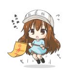  :o bangs black_footwear blue_shirt blush boots brown_eyes brown_hair brown_shorts character_name chibi clothes_writing commentary eyebrows_visible_through_hair flag flat_cap flying_sweatdrops hair_between_eyes hat hataraku_saibou holding holding_flag jumping long_hair looking_at_viewer motion_lines open_mouth platelet_(hataraku_saibou) rinechun shirt short_shorts short_sleeves shorts solo translated very_long_hair white_background white_hat 