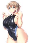  alternate_costume bare_shoulders blue_eyes blush breasts brown_hair chestnut_mouth competition_swimsuit covered_navel cowboy_shot hair_between_eyes highleg highleg_swimsuit huge_breasts intrepid_(kantai_collection) kantai_collection kyougoku_shin lips long_hair looking_at_viewer navel one-piece_swimsuit open_mouth ponytail short_hair simple_background skindentation solo swimsuit thick_thighs thighs wide_hips 