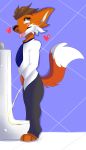  &lt;3 aggressive_retsuko anthro blush brown_hair canine clothing fur hair male mammal maned_wolf necktie ookami_(aggressive_retsuko) peeing shirt solo spazywolf tongue tongue_out urinal urine watersports yellow_eyes 