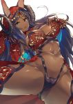  animal_ears aqua_eyes ass ass_visible_through_thighs breasts bridal_gauntlets cameltoe circlet cleavage commentary_request dark_skin ears_through_headwear eyeliner fate/grand_order fate_(series) forehead_jewel fuji_nagi gem hand_on_own_chest head_chain highres hood horns jewelry large_breasts long_hair looking_at_viewer makeup navel open_mouth purple_hair queen_of_sheba_(fate/grand_order) simple_background smile solo spread_legs thighs white_background 
