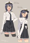  alternate_costume arms_behind_back black_legwear black_skirt blush breasts commentary_request dated epaulettes eyebrows_visible_through_hair gloves grey_background hand_on_hip hat kantai_collection key_kun looking_at_viewer medium_breasts medium_hair military military_uniform multiple_girls naval_uniform open_mouth peaked_cap purple_eyes purple_hair shirt short_hair simple_background skirt tatsuta_(kantai_collection) tenryuu_(kantai_collection) thighhighs uniform white_gloves white_shirt yellow_eyes 
