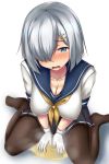  1girl black_legwear blue_eyes blue_skirt blush breasts cleavage collarbone crying embarrassed eyebrows_visible_through_hair female from_above gloves hair_ornament hair_over_one_eye hairclip half-closed_eyes hamakaze_(kantai_collection) jpeg_artifacts kantai_collection large_breasts looking_at_viewer looking_up neckerchief nose_blush open_mouth pantyhose peed_self pleated_skirt puddle school_uniform serafuku shirt short_hair short_sleeves silver_hair simple_background sitting skirt solo steam tears teeth terakoya uniform v_arms wariza white_background white_gloves white_shirt yellow_neckwear 