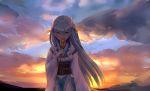  absurdres bangs blue_sky brown_eyes cloud cloudy_sky commentary_request covered_mouth dragon_horns eyebrows_visible_through_hair fate/grand_order fate_(series) green_hair hair_between_eyes headgear highres holding horns i.f.s.f japanese_clothes kimono kiyohime_(fate/grand_order) long_hair long_sleeves looking_at_viewer obi outdoors sash sky solo standing sunset very_long_hair white_kimono wide_sleeves 