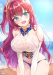  :d aqua_eyes aye azur_lane bangs beach blush breasts bright_pupils cross day elbow_gloves eyebrows_visible_through_hair fang gloves hair_intakes head_tilt large_breasts long_hair looking_at_viewer ocean one_side_up open_mouth red_hair sideboob smile solo surcouf_(azur_lane) thighs very_long_hair water white_gloves white_pupils 