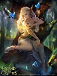  artist_name bare_shoulders barefoot blue_eyes circlet copyright_name fish hair_ornament highres leaf legend_of_the_cryptids long_hair official_art rock sitting solo tree water white_hair zinnadu 