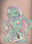  1girl breasts extra_breasts female green_skin ladle made_in_abyss mokka monster monster_girl moogie_(made_in_abyss) navel nipples nude open_mouth shiny shiny_skin small_breasts solo tentacle_hair 
