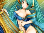  aqua_hair bare_shoulders blush breasts cape hair_ornament highres large_breasts league_of_legends long_hair looking_at_viewer navel no_panties solo sona_buvelle twintails waist_hold yellow_eyes 
