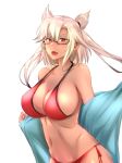  alternate_costume bangs bikini blonde_hair breasts cleavage collarbone commentary_request dark_skin eureka_(eureka-0075) eyebrows_visible_through_hair fang glasses groin hair_between_eyes kantai_collection large_breasts long_hair looking_at_viewer musashi_(kantai_collection) navel open_mouth pointy_hair red_bikini red_eyes semi-rimless_eyewear shirt short_hair_with_long_locks side-tie_bikini simple_background smile solo stomach swimsuit toned twintails two_side_up undressing white_background 