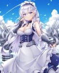  apron azur_lane bare_shoulders belfast_(azur_lane) blue_dress blue_sky braid breasts cannon cleavage cloud cloudy_sky collarbone commentary day dress elbow_gloves fingerless_gloves frilled_apron frills gloves grey_gloves highres large_breasts long_hair machinery maid maid_headdress outdoors pong_(vndn124) silver_hair sky sleeveless sleeveless_dress solo turret very_long_hair waist_apron water_drop white_apron 