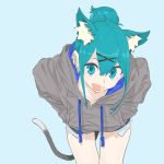  :d animal_ears aqua_eyes aqua_hair bangs blue_background cat_ears cat_tail commentary_request drawstring earrings eir_(machi) extra_ears eyebrows_visible_through_hair grey_hoodie hair_bun hair_ornament hands_in_pockets highres hood hood_down jewelry leaning_forward long_sleeves looking_at_viewer machi_(wm) open_mouth original pockets_visible short_shorts shorts sidelocks simple_background smile solo tail x_hair_ornament 