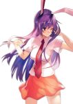  ;) animal_ears asuzemu bangs blurry blush breasts bunny_ears commentary cowboy_shot depth_of_field eyebrows_visible_through_hair hair_between_eyes hands_up long_hair medium_breasts miniskirt necktie one_eye_closed pink_skirt purple_hair red_eyes red_neckwear reisen_udongein_inaba shirt short_sleeves simple_background skirt smile solo standing symbol_commentary thighs touhou very_long_hair white_background white_shirt wing_collar 
