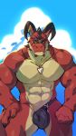  abs anthro beach biceps bulge c-string dragon ear_piercing green_eyes grin horn jewelry looking_at_viewer male mature_male mostly_nude muscular muscular_male necklace pecs penis penis_base piercing presenting red_skin seaside shark_tooth simple_background smile solo spines standing tan_skin taoren tarix_(criticalhit64) 