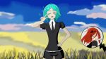  ;d androgynous aqua_eyes aqua_hair aqua_nails black_neckwear blue_sky cloud cloudy_sky colored_eyelashes day eyelashes gem_uniform_(houseki_no_kuni) grass hand_on_hip hand_up highres houseki_no_kuni looking_at_viewer multiple_others nail_polish necktie one_eye_closed open_mouth outdoors phosphophyllite puffy_short_sleeves puffy_sleeves red_eyes red_hair self_upload serlex shinsha_(houseki_no_kuni) short_hair short_sleeves sky smile solo_focus standing v_over_eye wing_collar 