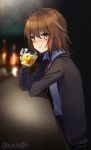  alcohol blazer blue_shirt brown_eyes brown_hair commentary_request dress dress_lift glass grey_jacket highres jacket kantai_collection looking_at_viewer necktie red_neckwear shirt short_hair solo upper_body wakaba_(kantai_collection) yamashiki_(orca_buteo) 