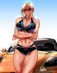  bikini black_bikini blonde_hair bowalia breasts brown_eyes car commentary_request cowboy_shot crossed_arms ferrari ferrari_550_barchetta_pininfarina ground_vehicle motor_vehicle navel_piercing original parted_lips piercing signature solo sunglasses swimsuit thighs toned 