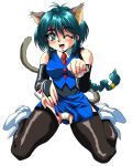  animal_ears aqua_eyes ass_visible_through_thighs black_legwear blue_eyes blush braid bridal_gauntlets cat_ears cat_tail eyeball_(artist) fangs full_body hyper_police long_hair looking_at_viewer necktie one_eye_closed open_mouth panties sasahara_natsuki_(hyper_police) side_slit simple_background single_braid sitting skirt skirt_lift solo tail thighhighs underwear wariza white_background white_footwear white_panties wings wrist_cuffs 