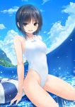  aoyama_sumika bangs bare_arms bare_shoulders black_hair brown_eyes cloud coffee-kizoku collarbone commentary_request day eyebrows_visible_through_hair highleg highleg_swimsuit looking_at_viewer medium_hair one-piece_swimsuit original outdoors solo striped swimsuit water water_drop water_slide white_swimsuit yellow_eyes 