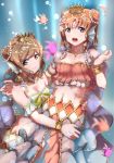  :d air_bubble ajapar arm_around_shoulder armlet bangs bracelet breasts brown_eyes brown_hair bubble cleavage commentary_request crop_top double_bun earrings eyebrows_visible_through_hair fish gold_trim hair_ornament hand_up highres hug jewelry kunikida_hanamaru looking_at_viewer love_live! love_live!_sunshine!! mermaid_costume midriff multiple_girls navel neck_ribbon necklace open_mouth orange_hair pearl pink_shirt purple_eyes ribbon see-through_sleeves shirt short_sleeves smile star star_hair_ornament starfish_earrings takami_chika underwater white_shirt yellow_neckwear 