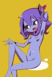  1girl arm_up armpits black_sclera blush breasts fang female highres mokka musume navel nipples nude open_mouth purple_hair purple_skin pussy pussy_peek sitting small_breasts solo v_yuusha_no_kuse_ni_namaiki_da_r yuusha_no_kuse_ni_namaiki_da 