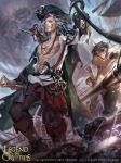  abs artist_name blue_eyes chest cloud copyright_name dagger eyepatch faceless faceless_male facial_mark gun hat highres hook_hand legend_of_the_cryptids long_hair male_focus map navel official_art pirate pirate_hat shirtless sky solo_focus squirrel sword teeth weapon white_hair zinnadu 