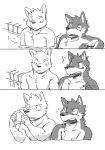  anthro anthro_on_anthro black_and_white blush canine clenched_teeth comic dog duo eyes_closed flying_sweatdrops frown fur gesture grope kemono looking_down male male/male mammal monochrome multicolored_fur open_mouth partially_submerged relaxing royalsobatya shocked simple_background sweat sweatdrop teeth two_tone_fur water wet wet_fur white_background wide_eyed yelling 