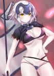  :t bangs bikini black_bikini black_capelet blurry blurry_background blush breasts capelet chain cleavage closed_mouth commentary_request depth_of_field dutch_angle eyebrows_visible_through_hair fate/grand_order fate_(series) flag hair_between_eyes hand_on_hip headpiece highres holding holding_flag jeanne_d'arc_(alter)_(fate) jeanne_d'arc_(fate)_(all) looking_at_viewer medium_breasts mint_(cerbi) multi-strapped_bikini navel pout short_hair silver_hair solo swimsuit v-shaped_eyebrows white_flag yellow_eyes 