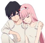  1girl arm_on_knee bangs black_hair blue_eyes breasts closed_eyes commentary couple darling_in_the_franxx english_commentary eyebrows_visible_through_hair hair_ornament hairband hand_on_another's_shoulder hetero highres hiro_(darling_in_the_franxx) horns k_016002 knee_up leaning_on_person long_hair looking_at_viewer medium_breasts nightgown oni_horns pajamas pants pink_hair red_horns shirt side-by-side sitting sleeping sleeping_on_person sleeping_upright sleeveless sleeves_rolled_up white_hairband white_nightgown white_pajamas white_pants white_shirt zero_two_(darling_in_the_franxx) 