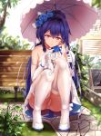 absurdres bangs bare_shoulders benghuai_xueyuan bloom blue_flower breasts cat chinese_commentary commentary_request day dress flower full_body gloves hair_flower hair_ornament highres holding holding_umbrella honkai_impact knees large_breasts long_hair menu_board outdoors panties pantyshot pantyshot_(squatting) parasol purple_eyes purple_hair raiden_mei sky sleeveless sleeveless_dress solo squatting thighhighs umbrella underwear white_dress white_footwear white_gloves white_legwear white_panties white_umbrella zombie-andy 