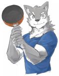  anthro black_eyes black_nose canine clothed clothing cooking_pot dog eyebrows fighting_stance fully_clothed fur grey_fur holding_object improvised_weapon kemono looking_at_viewer male mammal multicolored_fur muscular muscular_male royalsobatya shirt simple_background smile solo thick_eyebrows two_tone_fur white_background white_fur 