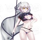 bangs bikini black_bikini black_capelet blurry blurry_background blush breasts capelet chain cleavage closed_mouth depth_of_field eyebrows_visible_through_hair fate/grand_order fate_(series) flag hair_between_eyes hand_on_hip headpiece highres holding holding_flag jeanne_d'arc_(alter)_(fate) jeanne_d'arc_(fate)_(all) looking_at_viewer medium_breasts mint_(cerbi) multi-strapped_bikini navel parted_lips shaded_face short_hair silver_hair solo squiggle swimsuit v-shaped_eyebrows white_background white_flag yellow_eyes 