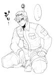  1boy arm_rest baseball_cap gloves greyscale hair_over_one_eye hand_on_own_thigh hat hataraku_saibou highres looking_at_viewer male_focus monochrome saitoukuniko-3 shaded_face solo spoken_ellipsis squatting staring u-1146 uniform white_blood_cell_(hataraku_saibou) 