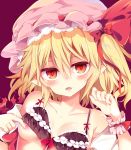  areolae bare_shoulders black_bra blonde_hair blush bow bra breasts clenched_hand collarbone commentary_request eyebrows_visible_through_hair fangs flandre_scarlet frilled_bra frills hair_between_eyes hair_bow hand_up hat hat_ribbon head_tilt highres jewelry lace lace-trimmed_hat lace_trim maturiuta_sorato nail_polish off_shoulder one_side_up parted_lips pink_hat pink_nails pointy_ears red_background red_bow red_eyes red_ribbon ribbon ring shirt short_hair simple_background small_breasts smile solo touhou underwear upper_body white_shirt wrist_cuffs 