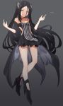  absurdres bad_id bad_pixiv_id black_footwear black_hair breasts cleavage collarbone dreamer_(girls_frontline) dress full_body girls_frontline grey_background hair_between_eyes half-closed_eye hands_up head_tilt headgear high_heels highres long_hair looking_at_viewer medium_breasts orn parted_lips sangvis_ferri side_cutout sidelocks signature simple_background smile smirk solo twintails very_long_hair white_hair yellow_eyes 