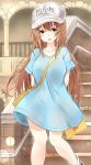  absurdres arms_behind_back bag between_breasts blue_dress breasts brown_eyes brown_hair commentary_request dress hat hataraku_saibou highres large_breasts long_hair looking_at_viewer older open_mouth platelet_(hataraku_saibou) saku_(kudrove) shoulder_bag solo stairs translation_request 