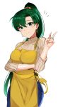  alternate_costume apron asymmetrical_bangs bangs breasts commentary contemporary cowboy_shot denim fire_emblem fire_emblem:_rekka_no_ken green_eyes green_hair highres jeans long_hair long_sleeves looking_at_viewer lyndis_(fire_emblem) medium_breasts ormille pants ponytail ribbed_sweater simple_background smile solo sweater symbol_commentary v white_background 