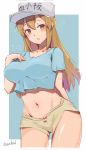  artist_name baseball_cap blue_background breasts cleavage collarbone cowboy_shot groin hand_on_own_chest hat hataraku_saibou large_breasts light_brown_hair long_hair looking_at_viewer meow_head midriff navel older orange_eyes panties panty_peek platelet_(hataraku_saibou) shirt short_shorts shorts signature simple_background solo straight_hair two-tone_background undersized_clothes underwear white_background 