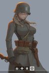  battlefield_(series) battlefield_1 belt bk-201xwz black_gloves blonde_hair blue_eyes bolt_action braid breasts commentary_request expressionless germany gewehr_98 gloves grey_background gun helmet highres holding holding_gun holding_weapon holstered_weapon large_breasts lips long_hair looking_at_viewer military military_uniform pouch rifle solo stahlhelm twin_braids uniform utility_belt weapon world_war_i 