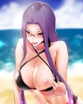  bare_shoulders beach bikini blush breasts check_commentary cleavage commentary commentary_request day eyebrows_visible_through_hair eyes_visible_through_hair fate/grand_order fate/stay_night fate_(series) glasses large_breasts long_hair looking_at_viewer navel nipples purple_eyes purple_hair rider satou_kaede smile solo sweat swimsuit swimsuit_pull tongue tongue_out very_long_hair 