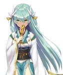  absurdres bangs brown_eyes covered_mouth dragon_horns eyebrows_visible_through_hair fate/grand_order fate_(series) green_hair hair_between_eyes headgear highres holding horns i.f.s.f japanese_clothes kimono kiyohime_(fate/grand_order) long_hair long_sleeves looking_at_viewer obi sash simple_background solo standing very_long_hair white_background white_kimono wide_sleeves 