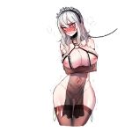  1girl arm_tattoo blush breasts chains choker condom heart heart_eyes large_breasts maid maid_cap mr.skull red_eyes sally_whitemane silver_hair slave stockings tattoo warcraft world_of_warcraft 