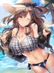  alternate_costume arms_up bangs bare_shoulders beach bikini blue_sky blush bracelet breasts brown_eyes brown_hair cleavage closed_mouth collarbone commentary_request day eyebrows_visible_through_hair hat himuro_(dobu_no_hotori) idolmaster idolmaster_shiny_colors jewelry large_breasts long_hair navel ocean one_eye_closed palm_tree partially_submerged plaid_bikini_top sand side-tie_bottom sky solo sun_hat sweater swimsuit tree tsukioka_kogane umbrella water waves 