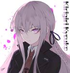  :/ badge bangs black_jacket black_ribbon braid brown_neckwear character_name closed_mouth commentary danganronpa danganronpa_1 english_commentary erospanda eyebrows_visible_through_hair hair_between_eyes hair_ribbon highres jacket kirigiri_kyouko long_hair looking_at_viewer necktie pink_eyes pink_hair ribbon side_braid sidelocks signature solo straight_hair tsurime upper_body v-shaped_eyebrows white_background wing_collar 