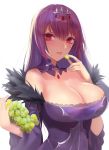  bangs bare_shoulders breasts cleavage dress eating eyebrows_visible_through_hair fate/grand_order fate_(series) food fruit fur_trim grapes hair_between_eyes headpiece highres jewelry large_breasts long_hair looking_at_viewer purple_dress purple_hair red_eyes scathach_(fate)_(all) scathach_skadi_(fate/grand_order) solo tiara white_background wide_sleeves zjsstc 