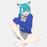  :d animal animal_ears aqua_eyes aqua_hair bangs barefoot black_collar blue_hoodie cat cat_ears earrings eir_(machi) extra_ears grey_background grey_cat grey_shorts hair_ornament hairpin highres holding holding_animal holding_cat hood hood_down indian_style jewelry long_sleeves looking_at_viewer machi_(wm) open_mouth original short_hair shorts simple_background sitting smile solo x_hair_ornament 